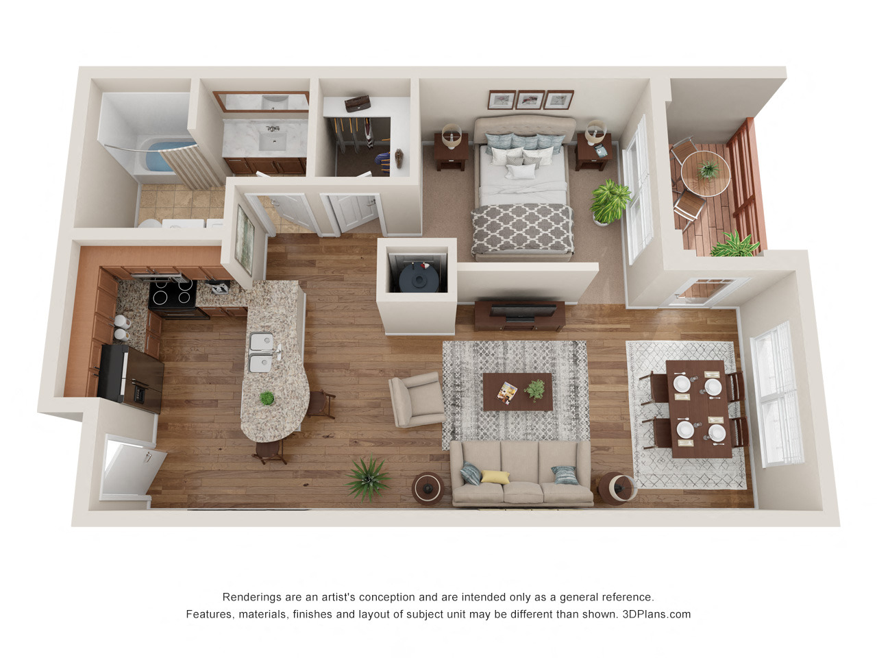 Floor plan for studio, 1 bath, 670 sqft